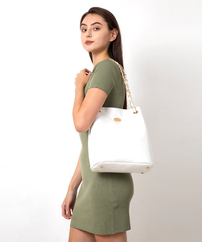 White Textured Structured Shoulder Bag