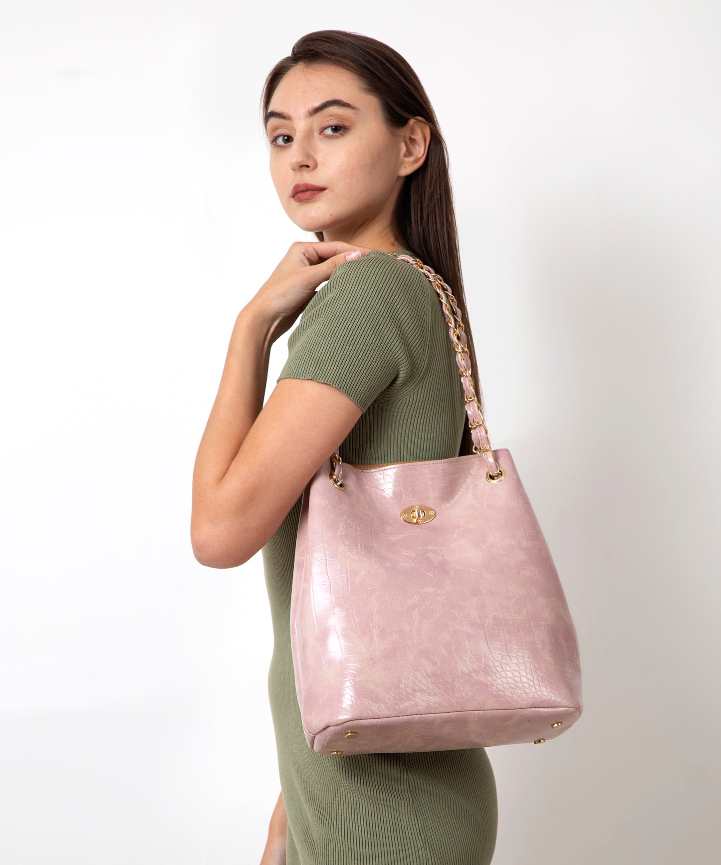 Pink Textured Structured Shoulder Bag