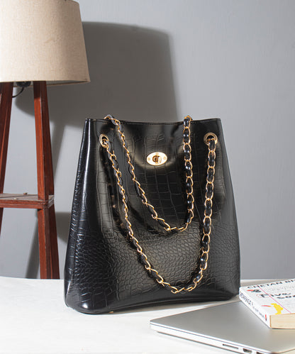 Black Textured Structured Shoulder Bag