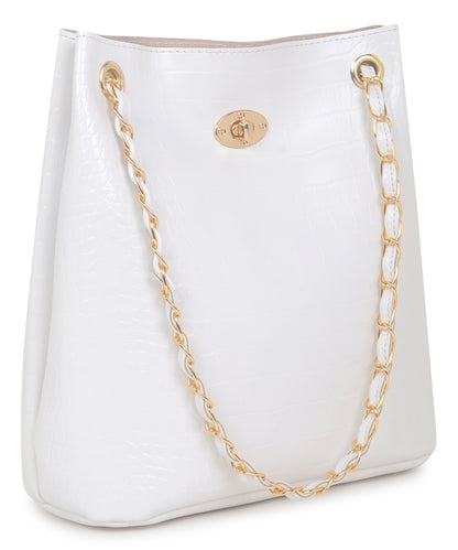 White Textured Structured Shoulder Bag