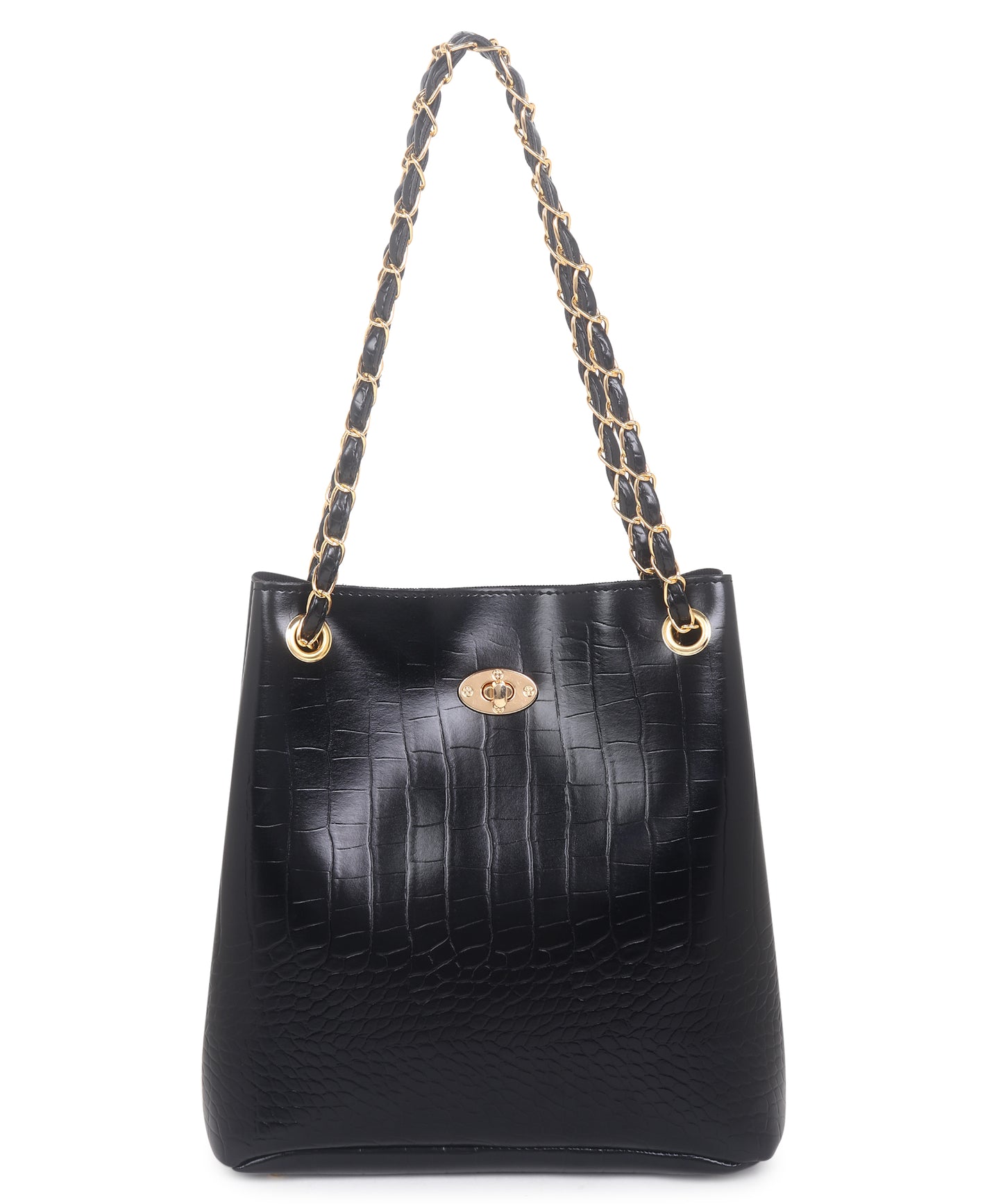 Black Textured Structured Shoulder Bag