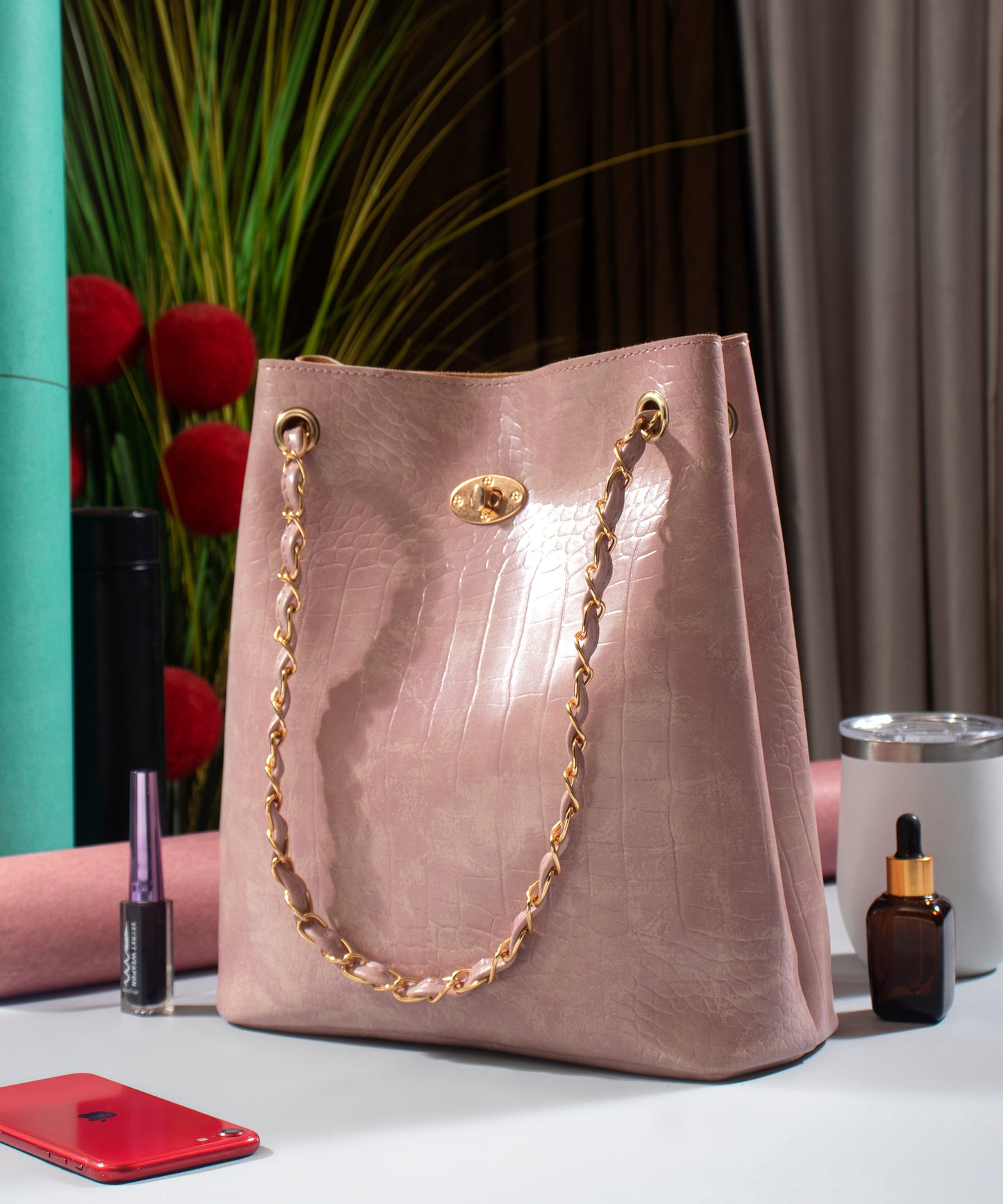 Pink Textured Structured Shoulder Bag