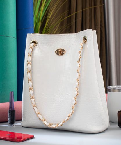 White Textured Structured Shoulder Bag