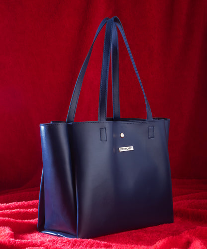 Blue Textured Structured Tote Bag